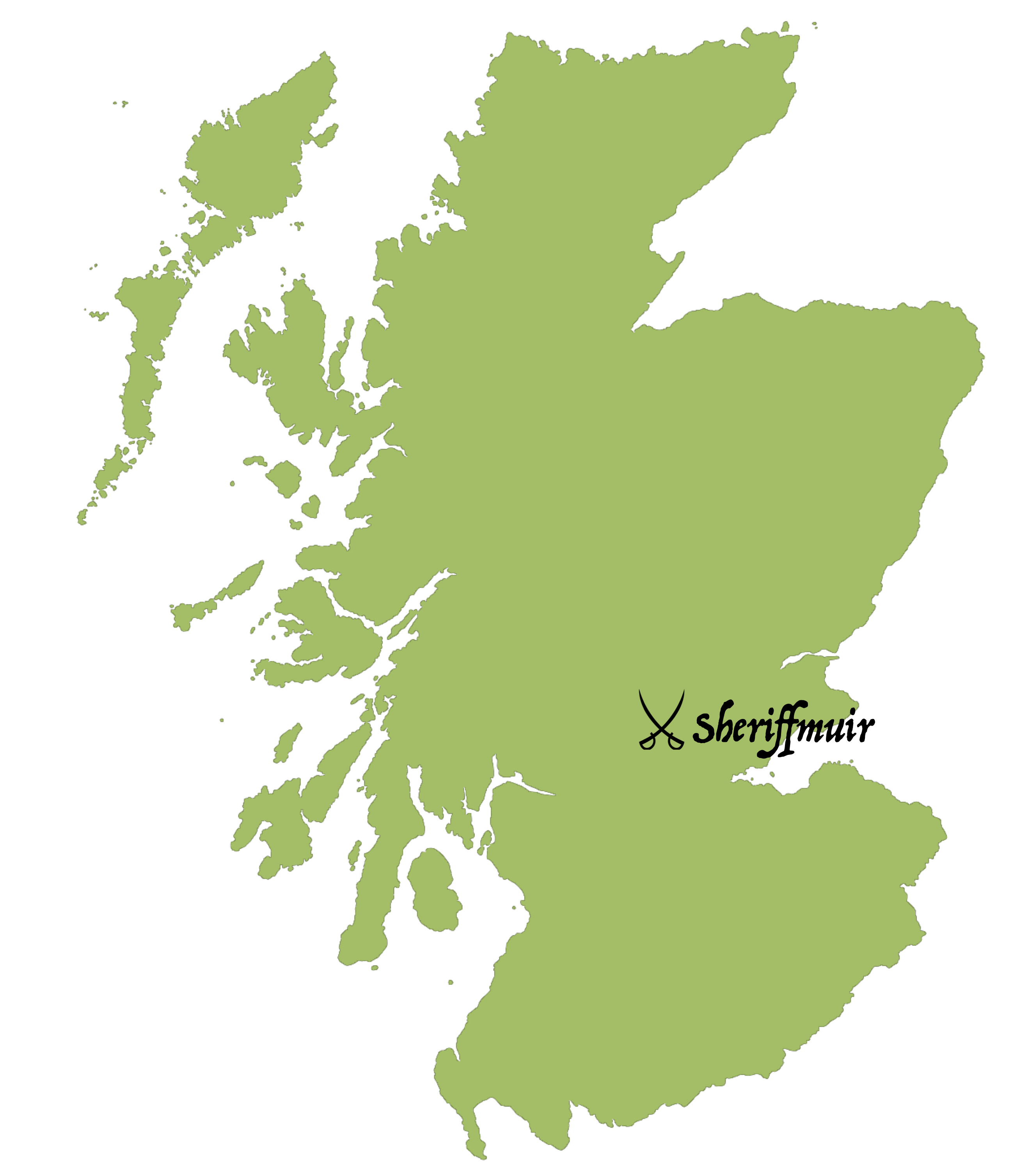 Location of Sheriffmuir battlefield on a map of Scotland.